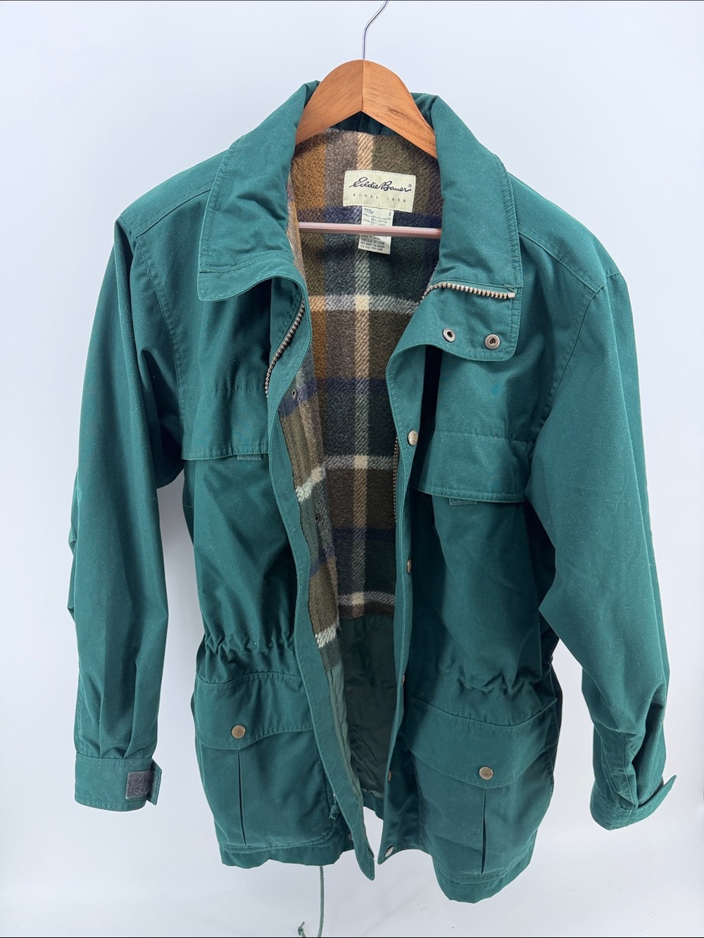 Eddie Bauer Teal Green Military Field Jacket with Plaid Lining